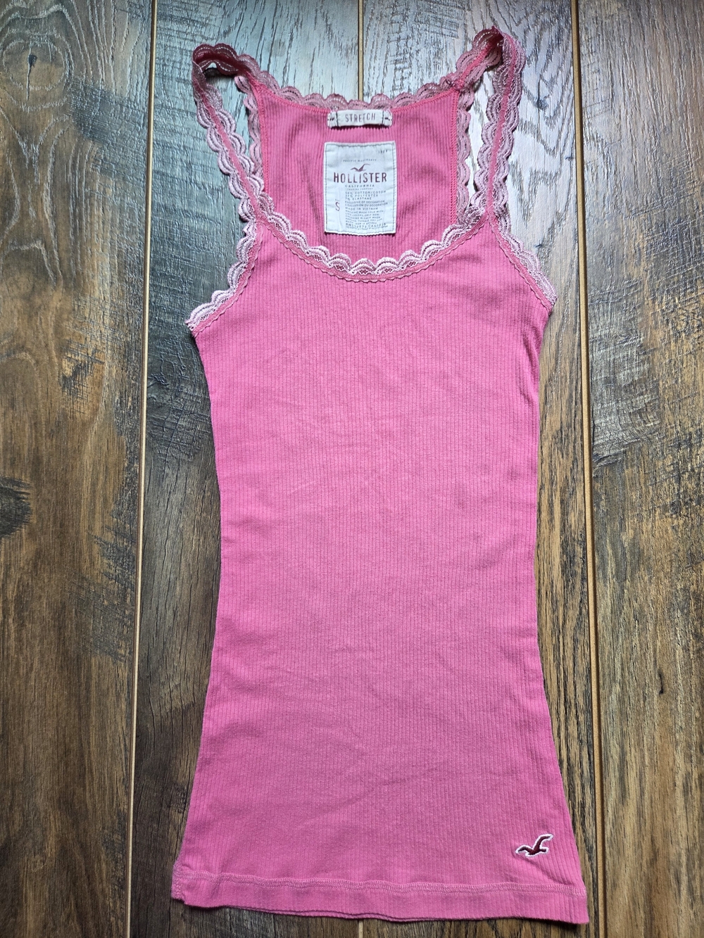 Vintange Hollister Y2K Pink Ribbed Lace Trim Cami Tank Top S Coquette Twilight - Picture 3 of 9